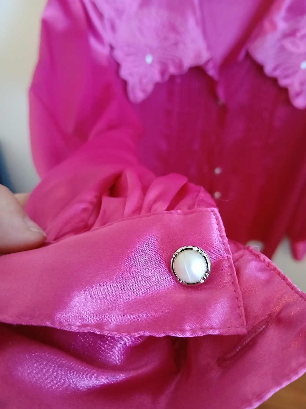 Vintage Pink Blouse with Pearl Buttons, Embroidered Collar